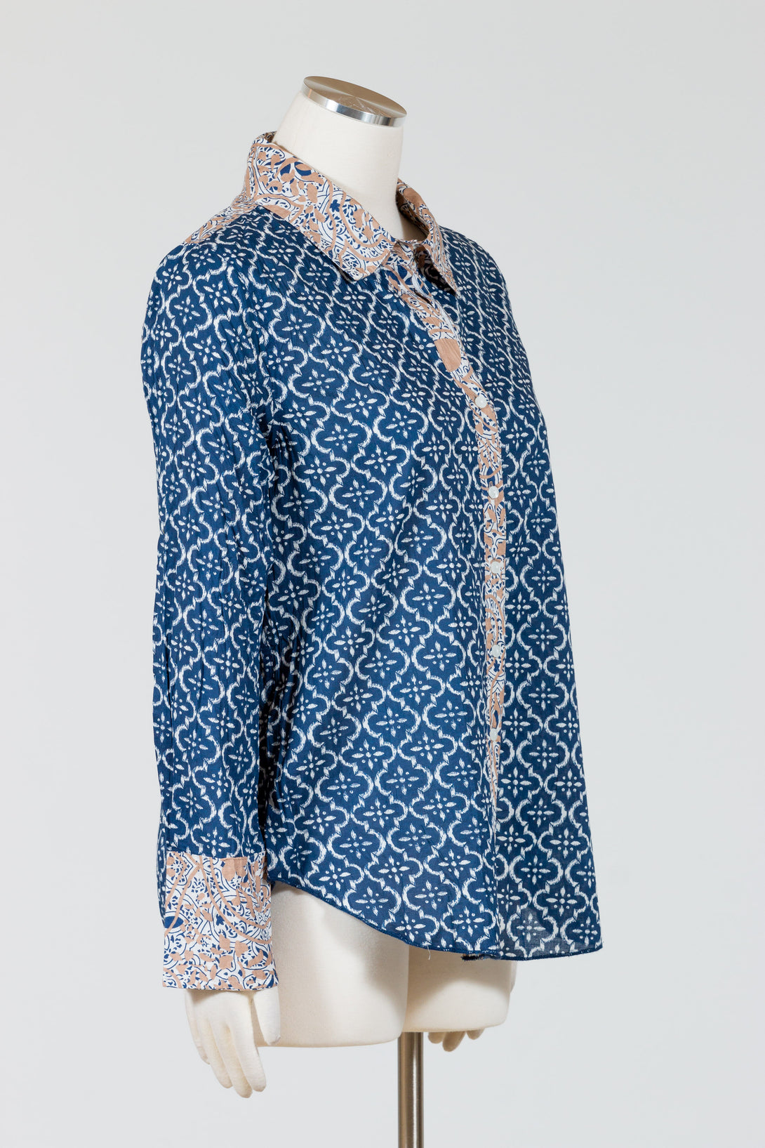 Tulip-Womens-Clothing-Gretchen-Top-Shirt-Woodblock-Woven-Tile-Print-Blue