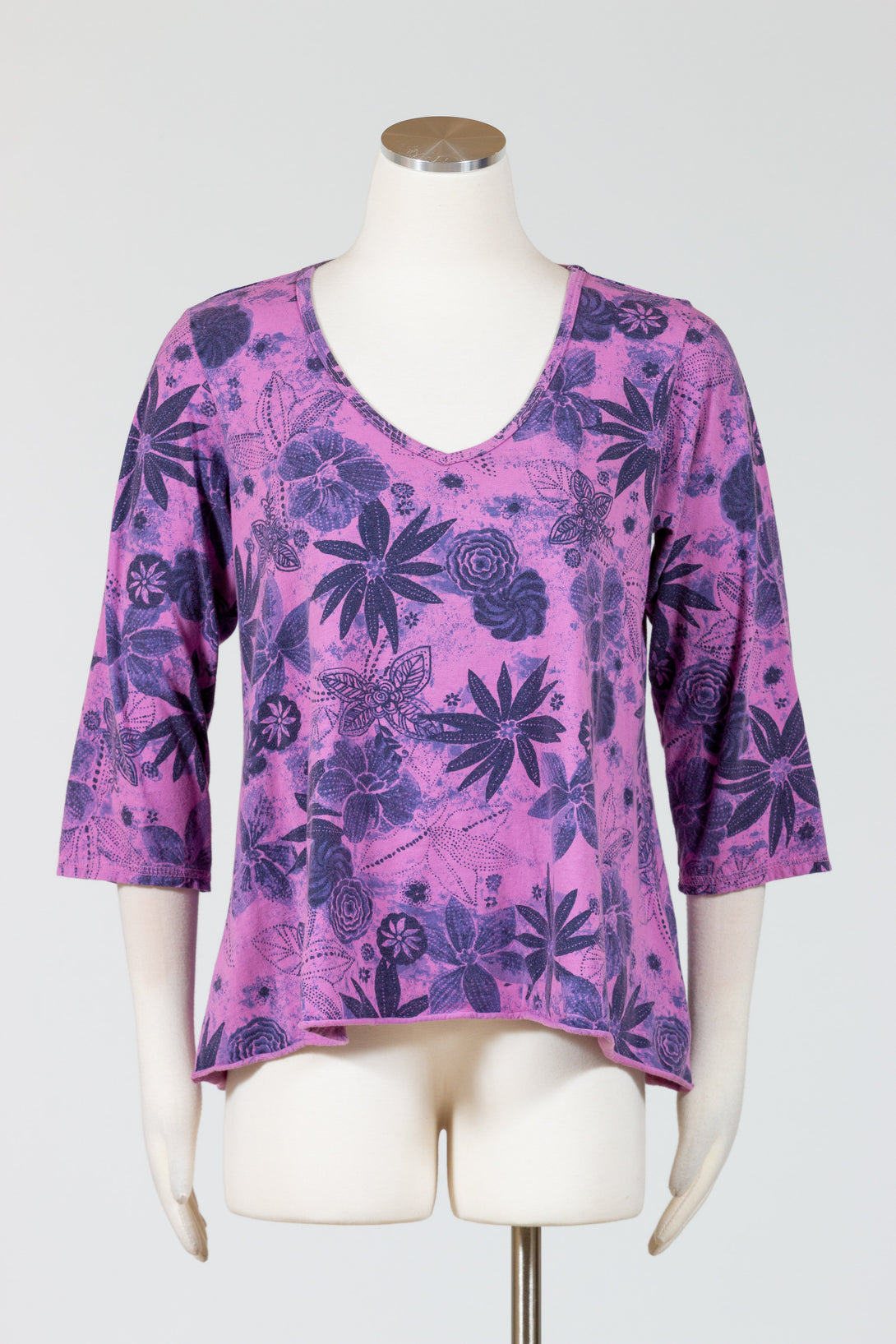 PrairieCotton-Womens-Clothing-Godet-Tunic-Top-Shirt-Cotton-Floral-Print-Wisteria-Purple