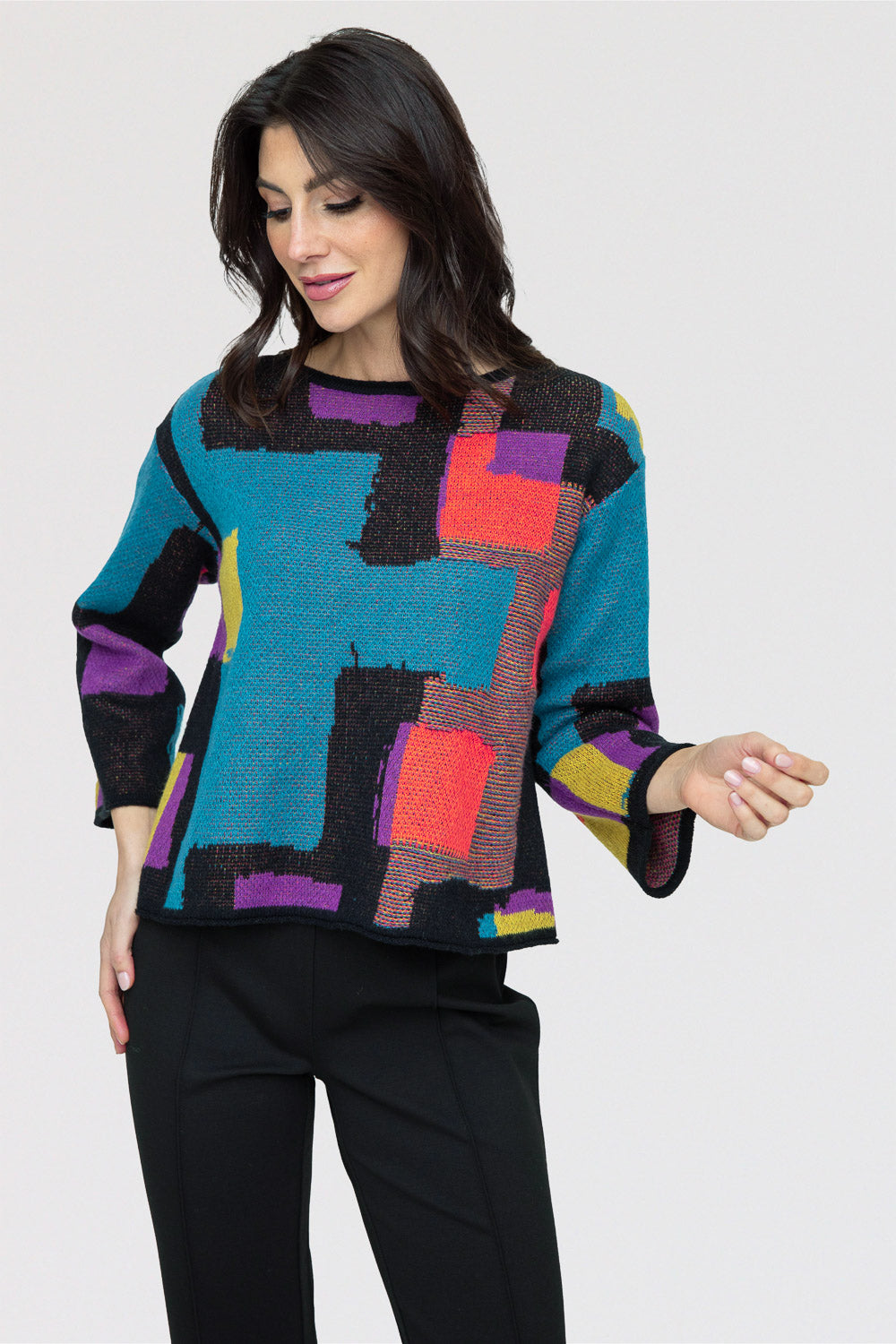 LIV-Habitat-Womens-Clothing-Collage-Swing-Sweater-Multi-Teal