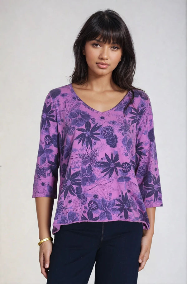 PrairieCotton-Womens-Clothing-Godet-Tunic-Top-Shirt-Cotton-Floral-Print-Wisteria-Purple