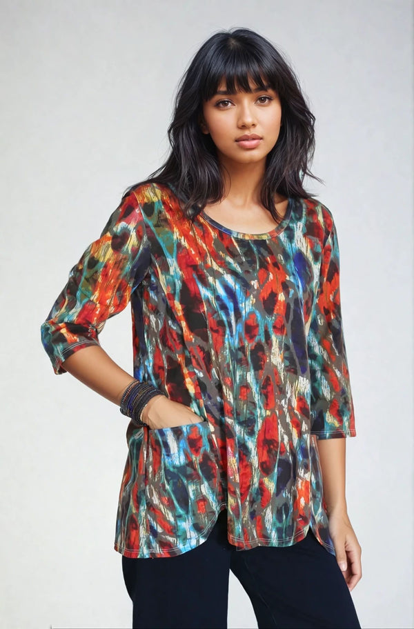 PrairieCotton-Womens-Clothing-Scallopped-Tunic-Top-Shirt-Cotton-Abstract-Print-Multi