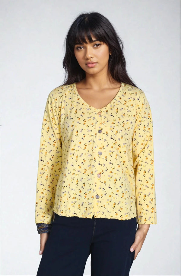 PrairieCotton-Womens-Clothing-Cardigan-Top-Shirt-Cotton-Floral-Print-Marigold-Yellow