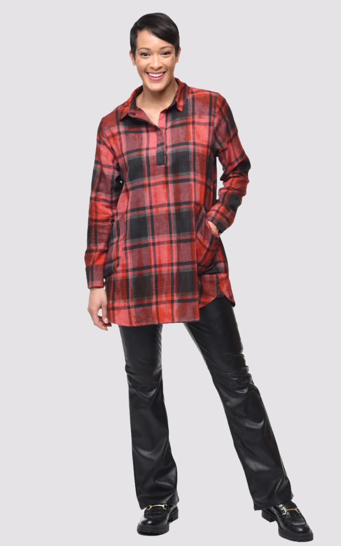 Brenda Pullover by Tulip is a fabulous plaid shirt with a collared deep V-neck and button placket.