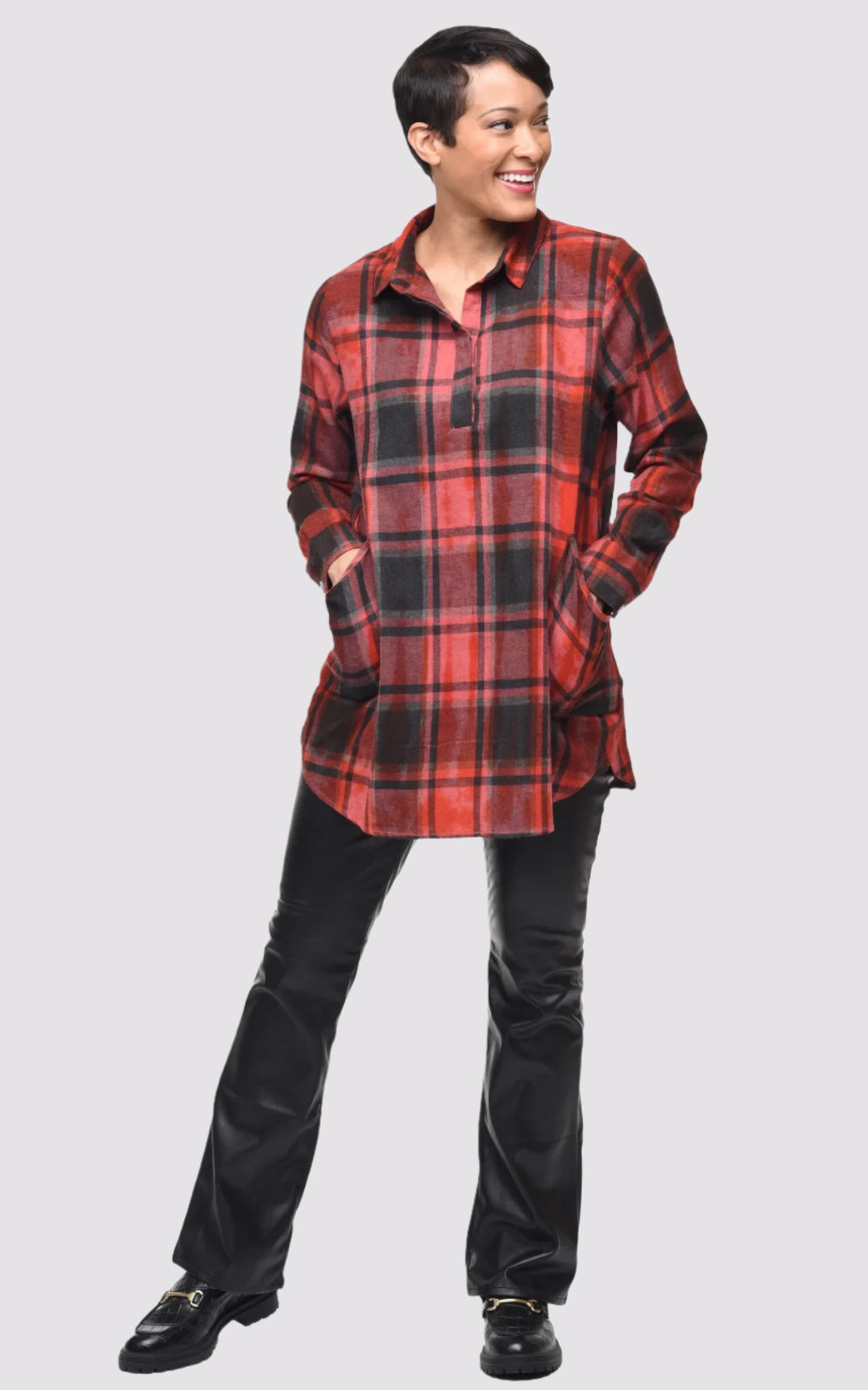 Brenda Pullover by Tulip is a fabulous plaid shirt with a collared deep V-neck and button placket.