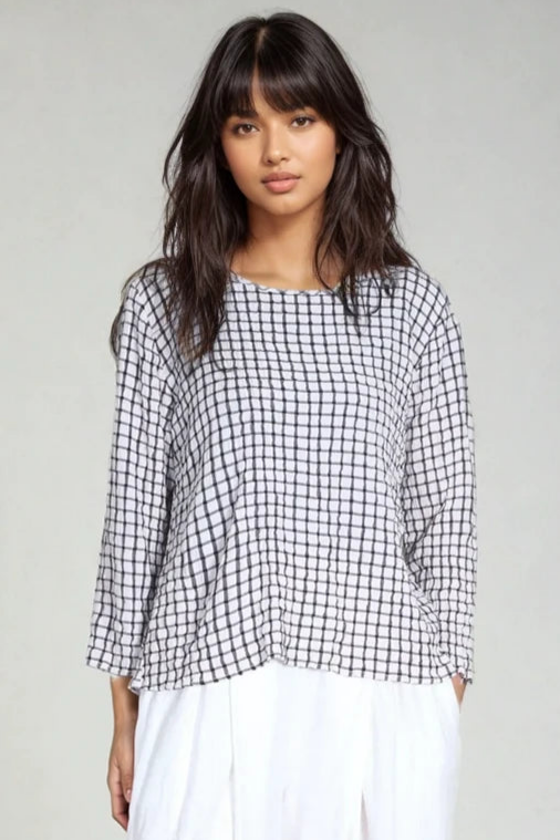 CutLoose-Womens-Clothing-SplitBack-Top-Tunic-Shirt-CrewNeck-Windowpane-White