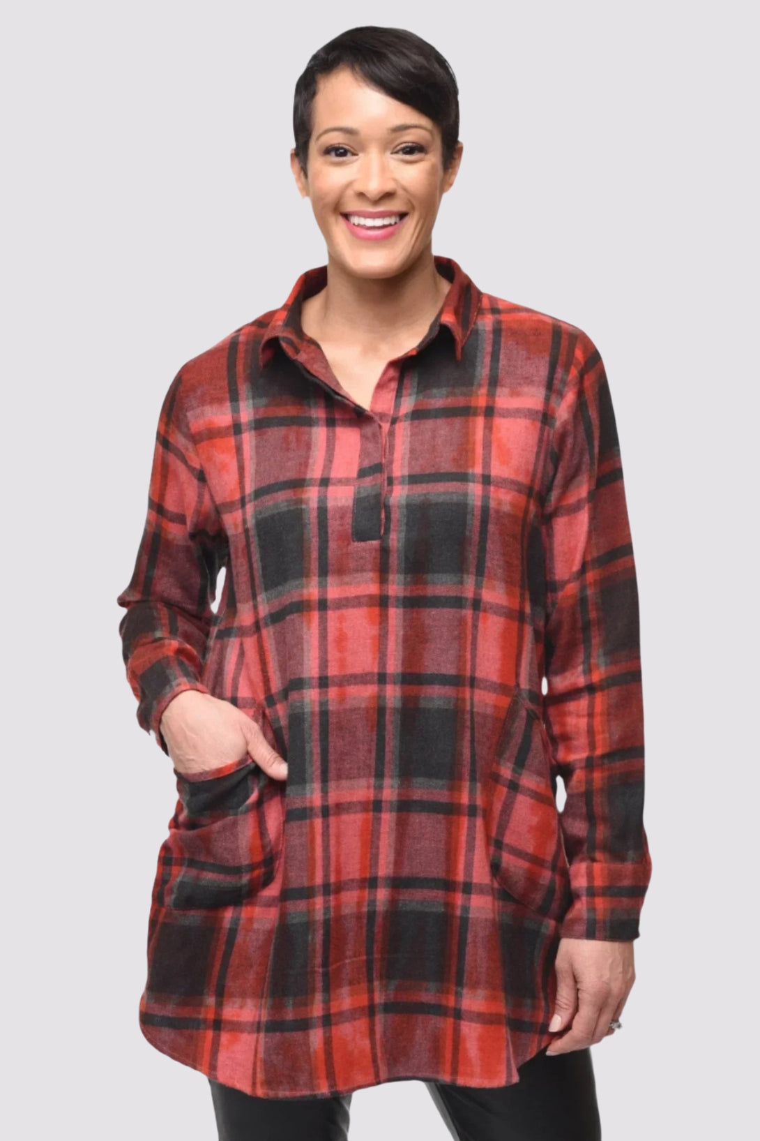 Brenda Pullover by Tulip is a fabulous plaid shirt with a collared deep V-neck and button placket.